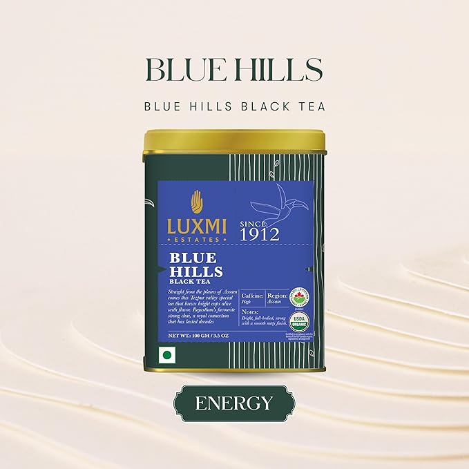 Luxmi Estates - Blue Hills - Organic CTC Assam Black Tea - Loose Leaf - 100g (50 Cups) | Jodhpur Blend - Rajasthan's Favorite Chai | Strong Cup of Original Indian Chai Tea - No Spices
