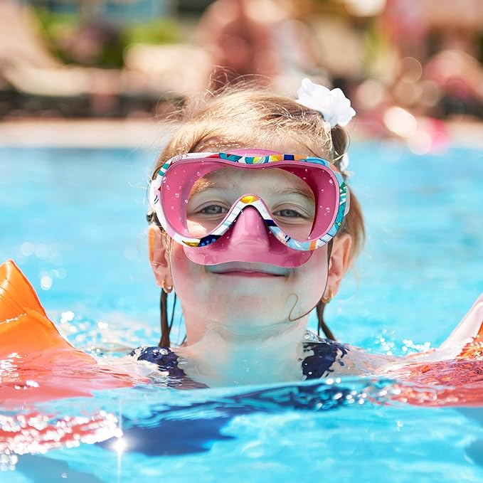 Kids Swim Goggles with Nose Cover, 180° Panoramic Snorkel Mask with Anti-Fog & Anti-Leak Design, Comfort Fabric Strap UV Protection Lens for Boys Girls Ages 3-15