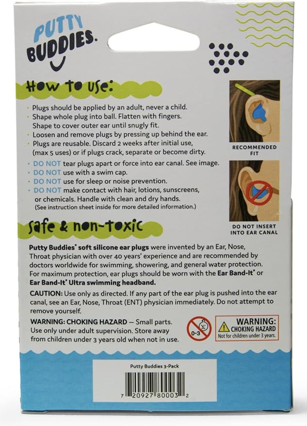 Earvolution Original Putty Buddies Ear Plugs for Swimming - Invented by an Ear Physician - Moldable, Premium Silicone Ear Plugs - One Size - Waterproof - Made in The USA - 3 Pair Pack