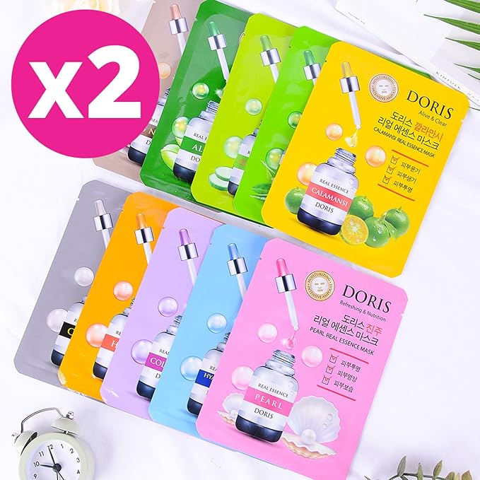 Doris Real Essence Mask 20 Combo Packs for Healthy Skin, K-Beauty Skincare Variety Pack