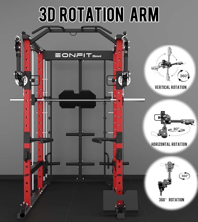 Eonfit E5 Smith Machine with Vertical Leg Press, Power Cage Squat Rack with LAT-Pull Down Cable Crossover Rotating Arms System Home Gym Equipment All in One (E5 RED)