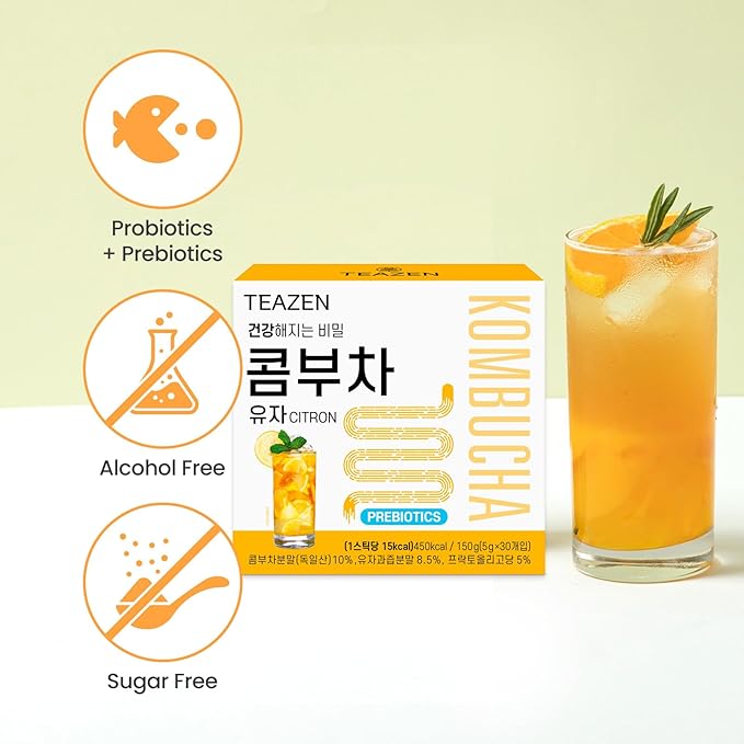 TEAZEN Citron Kombucha Tea, Hydration Drink Mix, Sugar Free, Live Probiotics & Prebiotics, 30 Sticks, 5.29oz