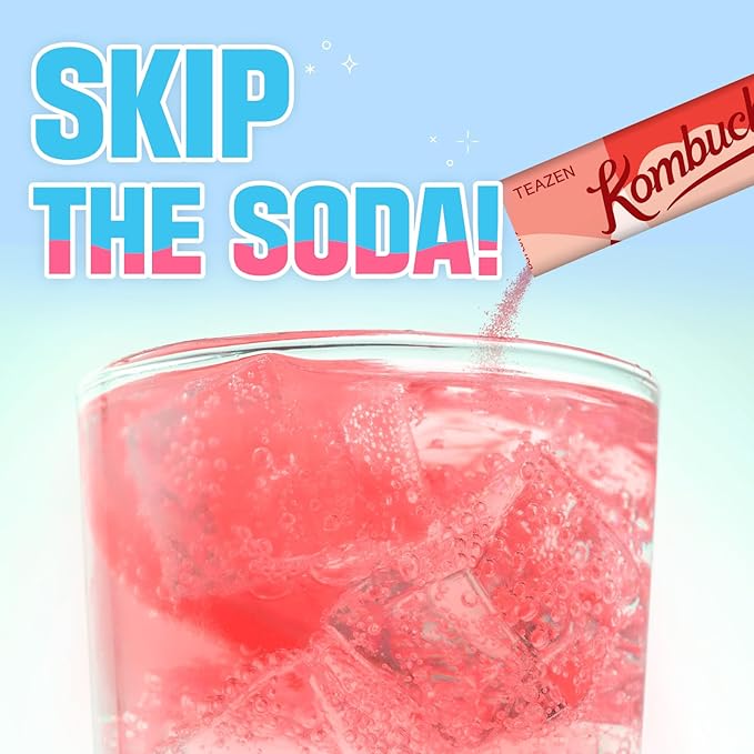 TEAZEN Raspberry Kombucha Tea, Hydration Drink Mix, Sugar Free, Live Probiotics & Prebiotics, 10 Sticks, 1.76oz