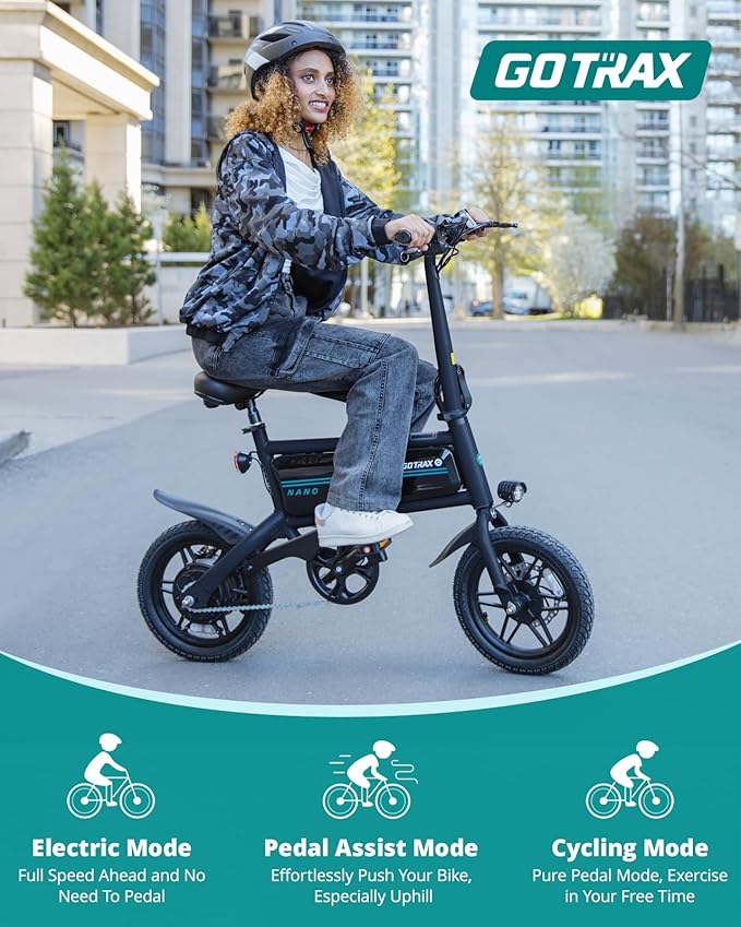 Gotrax Nano 14" Electric Bike, Max Range 25Miles(Pedal-Assist)&Max Speed 15.5Mph, 350W Folding E-Bike with Removable Battery, Adjustable Seat & Dual Mudguards, Commuter Electric Bicycle for Ages 13+