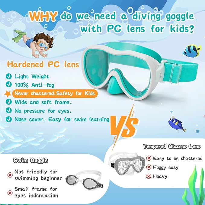 Kids Swim Goggles 180° Snorkel Diving Mask with Nose Cover, Anti-Fog Kids Swimming Goggles with Elastic Fabric Strap for Kids Boys Girls