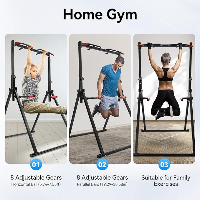 Foldable Power Tower Pull Up Bar Dip Station, 200kg/440.92lbs Triangular Pull Up Bar Station Adjustable, Multi-Function Strength Training Fitness Equipment for Home Gym
