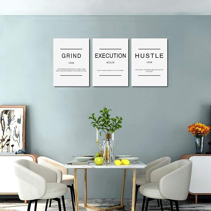 Inspirational Framed Canvas Wall Art - Grind Slogan, Success Quotes, Office Wall Art, Large Poster, Positive Motivational, Execute Poster (C-3pcs, 12x16in x3pcs)