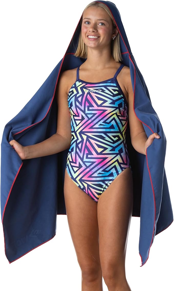Flow Hydro Sport Towel - Microfiber Quick Dry Swimming Towels for Swim, Pool, Triathlon, and Other Water Sports in Medium, Large, Extra Large, and Hooded Sizes (Navy, Large w/Hood)