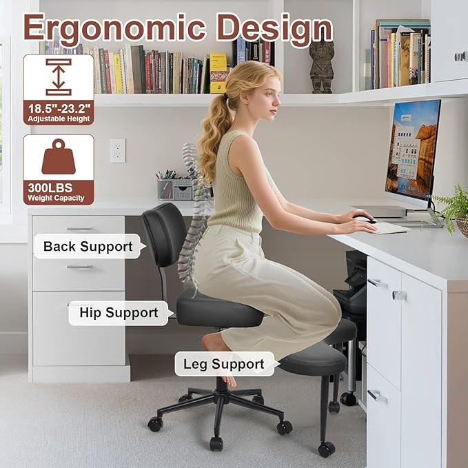 Meditation Chair Cross Legged ADHD Office Chair for Adults with Wheels Ergonomic Back Support and Leg Rest for Multi Position Criss Cross Sitting Kneeling and Yoga Height Adjustable, Leather Style