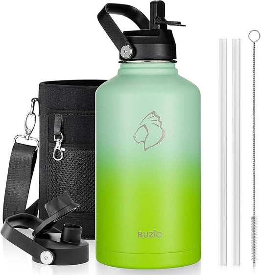 BUZIO 64oz Insulated Water Bottle, Triple Wall Stainless Steel (Cold for 48 Hrs) Leakproof Half gallon Jug/Flask with Straw Lid and Carry Bag for Sports Hiking, Camping, Gradient Green