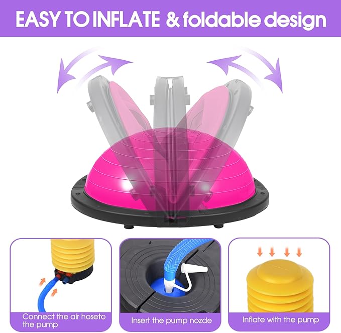 Half Balance Ball Trainer with Resistance Bands, Pink, Exercise Ball for Yoga and Stability Training