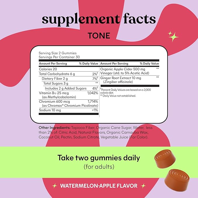 Lemme Tone Metabolism Gummies, Apple Cider Vinegar, Clinically Studied Chromium, B12, Ginger, Promote Lean Body Mass, Watermelon Apple Flavor (30 Day Supply)