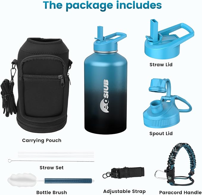 Insulated Water Bottle 87 oz, Triple Wall Vacuum Stainless Steel(Cold for 48 Hrs),Leak Proof & BPA-Free,Half Gallon Water Bottle with Reflective Paracord & Flip Straw for Sports & Travel, Indigolack