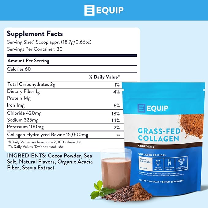 Equip Foods Grass Fed Collagen Powder | Hydrolyzed Bovine Collagen Peptides with Amino Acids | Prime Beef Collagen for Healthy Joints, Skin & Nails | Non-GMO, Paleo Friendly | 30 Servings, Chocolate