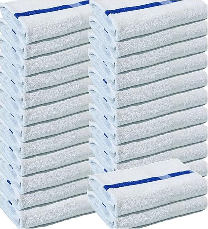 Towels N More 24x48 Soft Poolside Towels - 24 Large Super Absorbent Pool Towel White and Blue Center Stripe - Ideal for Home, Pool, Spa, Gym, Hotel, Motel Rental Room Use - 100% Cotton Bath Towels