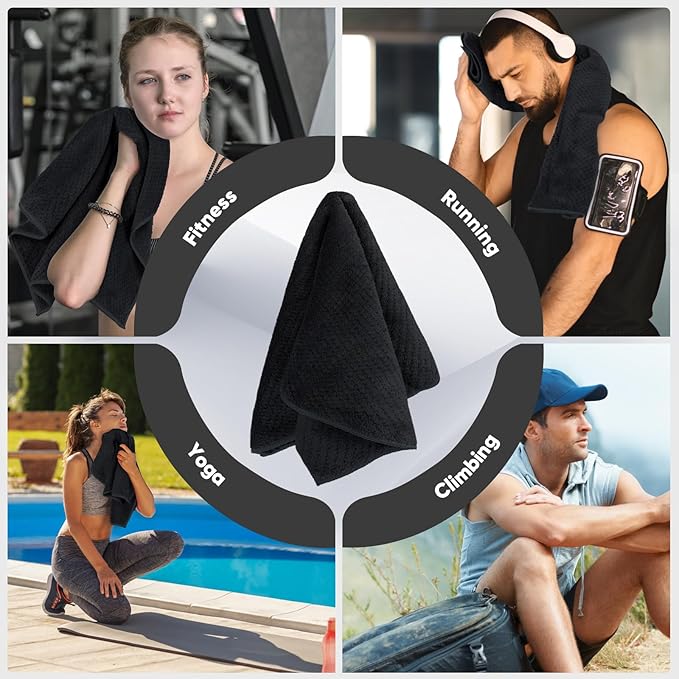 HOMEXCEL Black Gym Towels 6 Packs, (16x27 inches) Highly Absorbent Yoga Towel, Ultra Soft Hand Towels for Daily Use, Fast Drying Microfiber Workout Towels for Gym, Spa, Fitness, Camping, Hotel