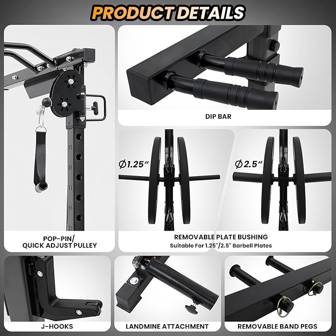GaveeLife Power Cage, 2000 LBS Power Rack with Cable Cross-Over System, Multi-Functional Strength Training Squat Rack with LAT Pull Down System, Home Gym Equipment with Training Attachment, Red