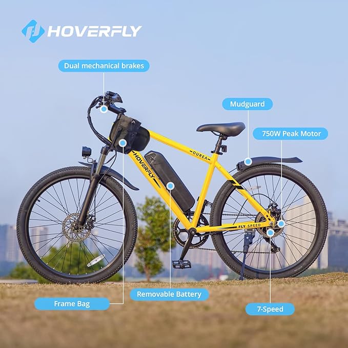 HOVERFLY OUREA 26" Electric Bike for Adults, 750W Peak Motor Mountain Ebike, 20MPH Up to 40 Miles, UL2849 Certified, 7-Speed, Removable Battery, Shock Absorber, Fat Tire Commuter E-Bike