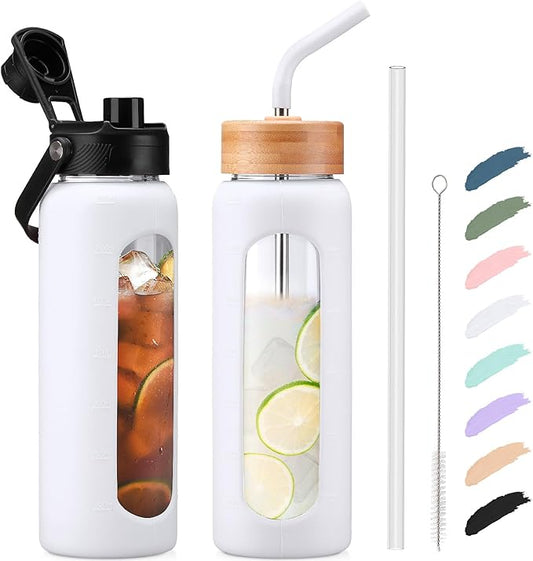 Kodrine Water Bottle with Straw, 24 oz Glass water Bottle with 2 Lids Bamboo Straw Lid and Spout Lid with Handle, 32 oz Clear Water Bottle Glass for Sports Travel, Waterbottle with Time Marker