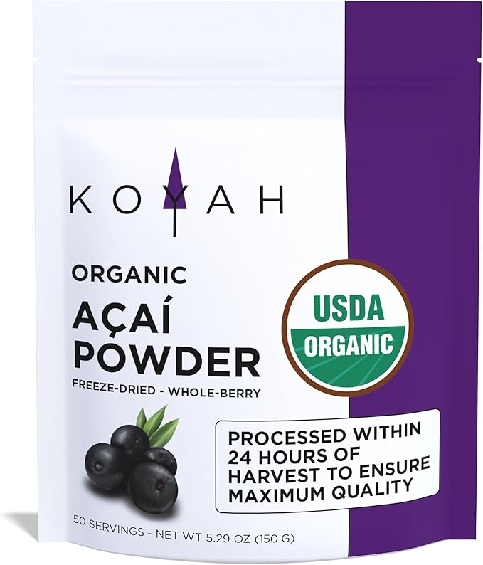 KOYAH - Organic Acai Powder (150g - 50 Servings): Brazil Grown, Freeze-Dried, 100% Pure, No Citric Acid Added, Great in Smoothies and Bowls