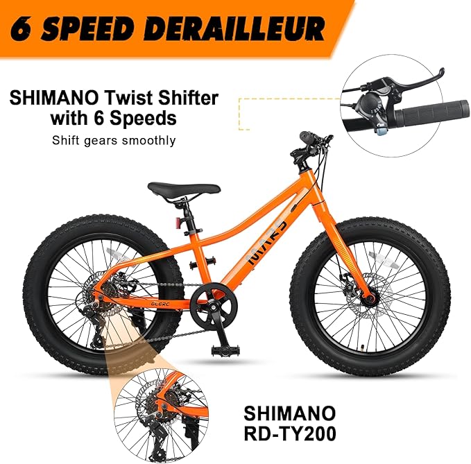 Glerc Mars Kids Mountain Bike, 20 24 Inch Fat Tire Bike for Teen Ages 6-14 Year Old, Bicycle with 2.8-Inch Wide Tires and 6 Speed Drivetrain, Multiple Colors