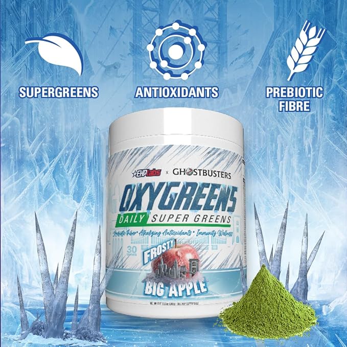 EHP Labs x Ghostbusters OxyGreens Super Greens Powder - Spirulina & Chlorella Superfood, Green Juice Powder with Prebiotic Fibre, Antioxidants & Immunity Support, 30 Serves (Frosty Big Apple)