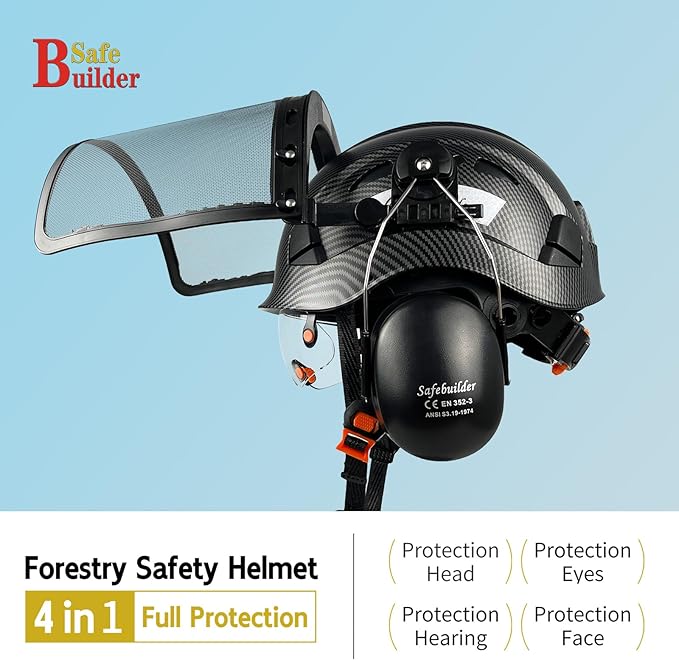 Forestry Safety Helmet with Build-in Visor Mesh Face Shield Ear Muffs 4 in 1 Chainsaw Safety Hard Hats