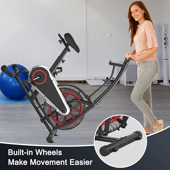 Goplus Air Bike, Fan Exercise Bike with Unlimited Resistance, Clear LCD Display, Tablet Holder, Adjustable Seat and Built-in Wheels, Fan Cycling Bike for Home Cardio Training