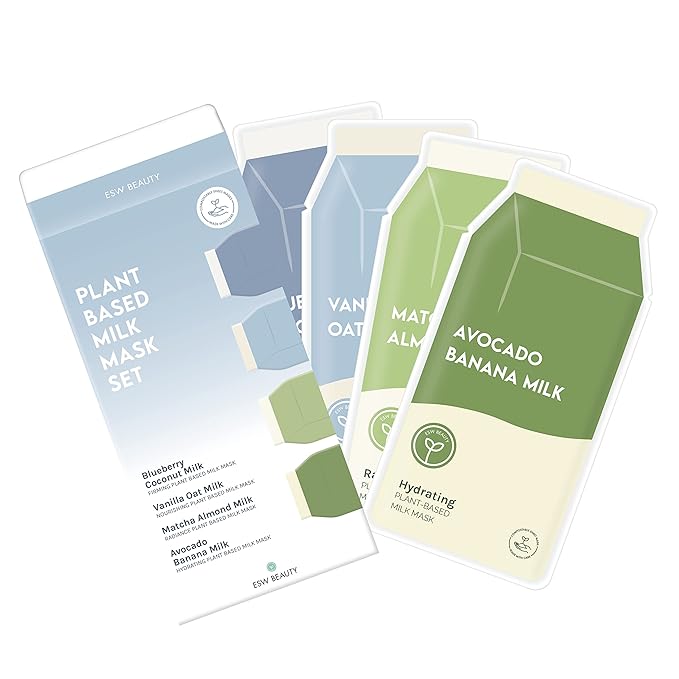 ESW Beauty Plant-Based Milk Face Masks - 8-Pack Variety Set - Hydrating, Radiance, Firming & Soothing with Avocado, Matcha, Blueberry, Vanilla & Oat Extracts for All Skin Types