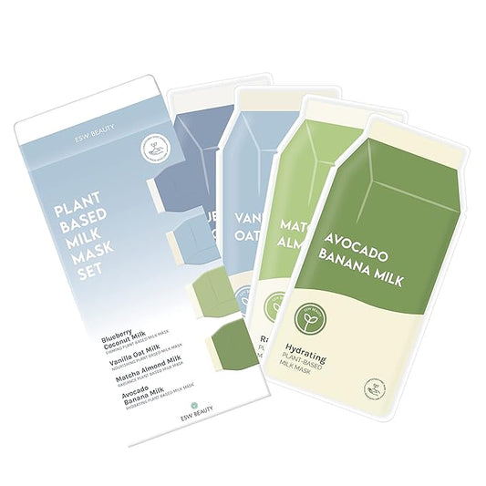 ESW Beauty Plant-Based Milk Face Masks - 4-Pack Variety Set - Hydrating, Radiance, Firming & Soothing with Avocado, Matcha, Blueberry, Vanilla & Oat Extracts for All Skin Types