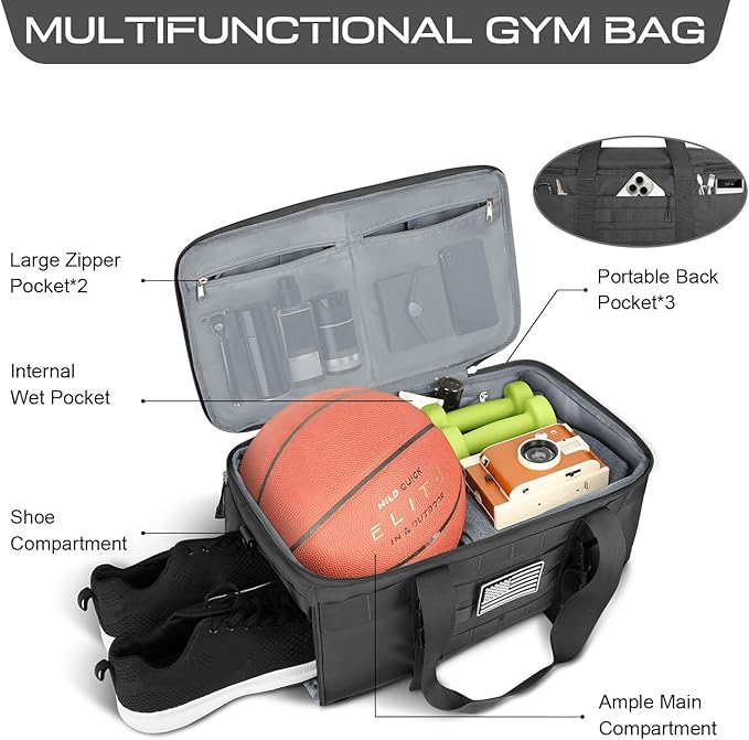 ETRONIK Gym Bags for Men Women, Tactical Duffle Bag Backpack with Shoe Compartment, 3 in 1 Carry on Travel Backpack with Wet Pocket, Weekender Overnight Range Bag for Workout Football Gym, Grey