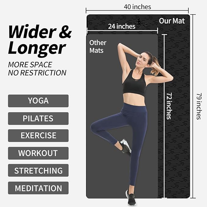 Hatha Yoga Extra Long TPE Yoga Mat 79" x 40” x 1/2" Thick Non-slip Exercise Mat for Home Gym Use, Yoga, Pilates, Fitness & Workouts