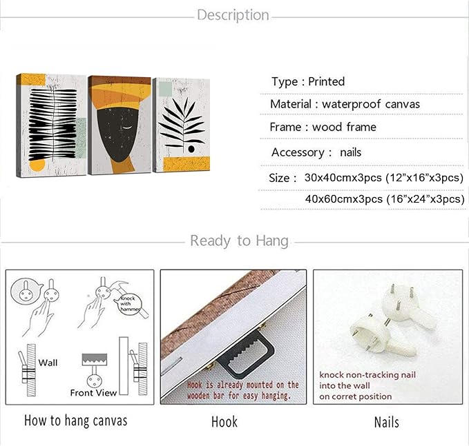 Framed Canvas Wall Art African Ethno Motive Wall Art Set, Abstract Ethno Art, African American Woman Portrait, Black Orange Print, Contemporary Collage, Minimalist (A-3pcs,16x24inchx3pcs)