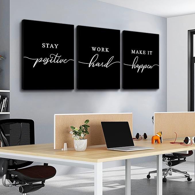 Framed Canvas Wall Art - Motivational Quote Set of 3 Prints, Stay Positive & Inspirational Office Wall Decor (E-3pcs, 12x16in x3pcs)