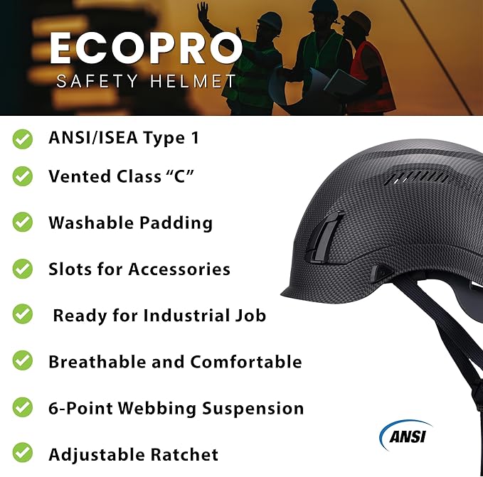 Land Helmets EcoPro Safety Helmet - ANSI/ISEA Z89.1-201 Type 1 Class C Vented - OSHA Approved - Lightweight Helmet with 6 Pt Suspension for Arborist, Industrial & Fall Protection