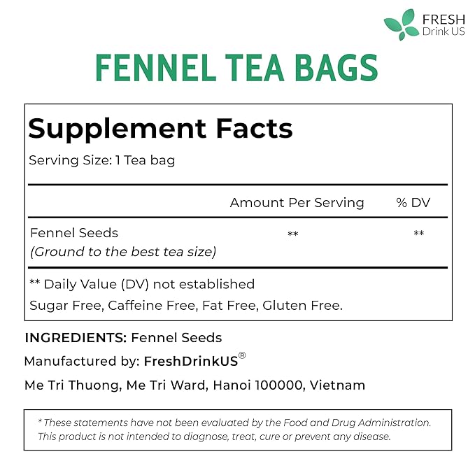 FreshDrinkUS, Premium 135 Fennel Tea Bags, 100% Natural & Pure from Fennel Seeds. Fennel Seed Herbal Tea. Fennel Seed Tea. Made with Natural Material Tea Bags. No Sugar, No Caffeine, No Gluten, Vegan.