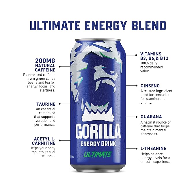 Gorilla Energy Original Energy Drink, Zero Sugar & 200mg Natural Caffeine, L-Theanine, Taurine, Ginseng, Acetyl L-Carnitine, B Vitamins, Sugar Free, and No Artificial Colors, 16 oz Cans, 12 Pack