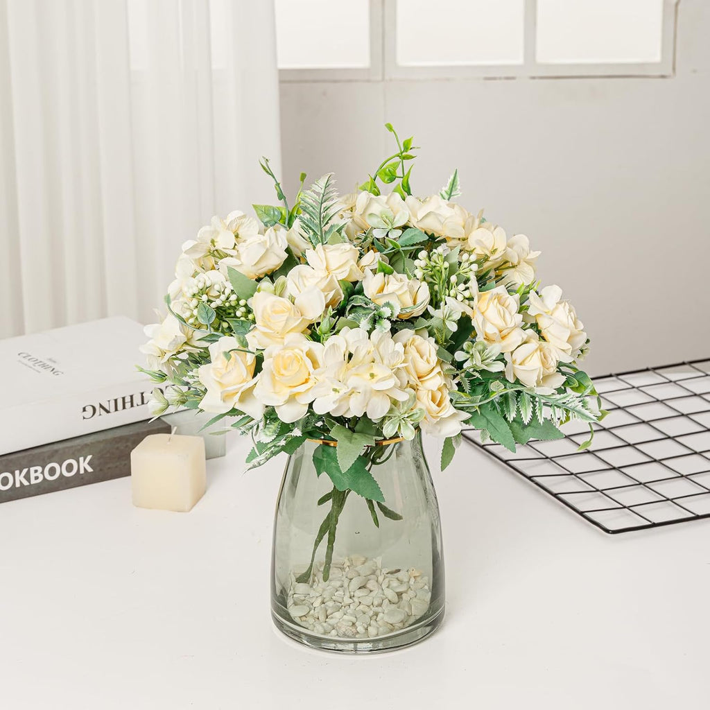 Artificial Flower 5 Branches Artificial Silk Fake Flowers Bouquet Small Roses for Wedding Home Office Tables Decor 4 Packs(Champagne)