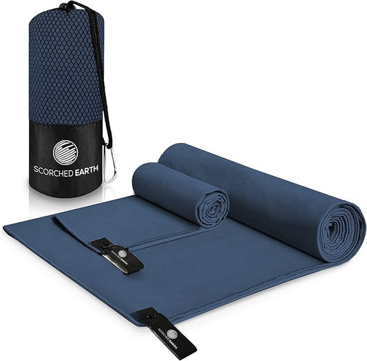ScorchedEarth Microfiber Travel & Sports Towel Set - Quick Dry, Super Absorbent, Compact, Lightweight - for Camping, Backpacking, Hiking, Beach, Yoga, Swimming - Includes 2 Sizes + Carrying Bag & Clip