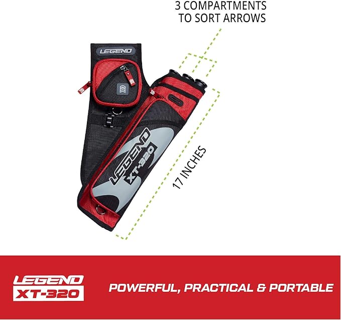 LEGEND XT320 Archery Quivers - Nylon Hip Quivers with 3 Arrow Tube Cases for Target Shooting - Adjustable Waist Belt, T-Slot, Storage Compartments for Accessories, Gear, Tools, Release Tab, Score Card