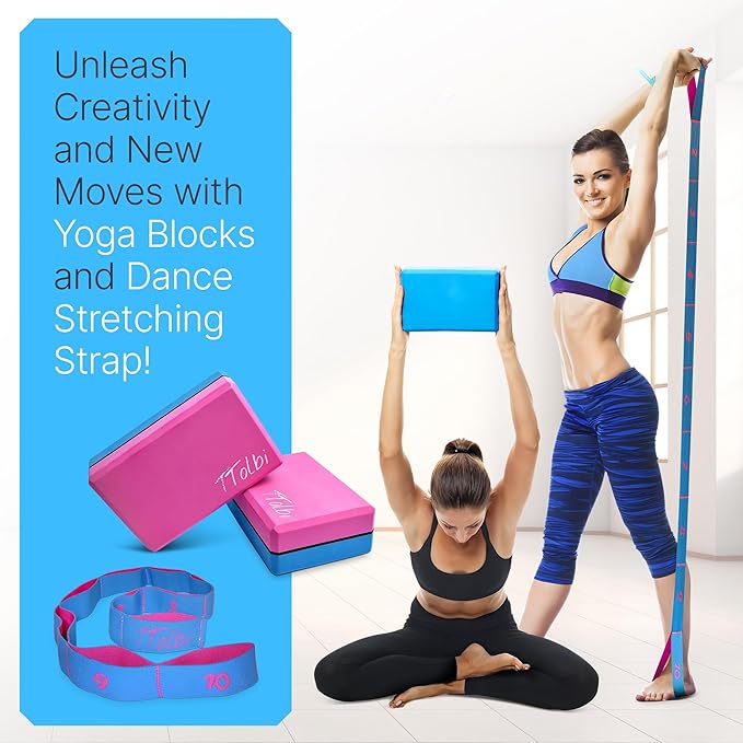 Yoga Blocks 2 Pack Set with Dance Stretch Band & Guide: Non-Slip EVA Foam Block - Ideal Stretching Equipment for Home Workouts, Pilates, Dance, Ballet, Gymnastics, Exercise - Stretch Strap Stuff Props