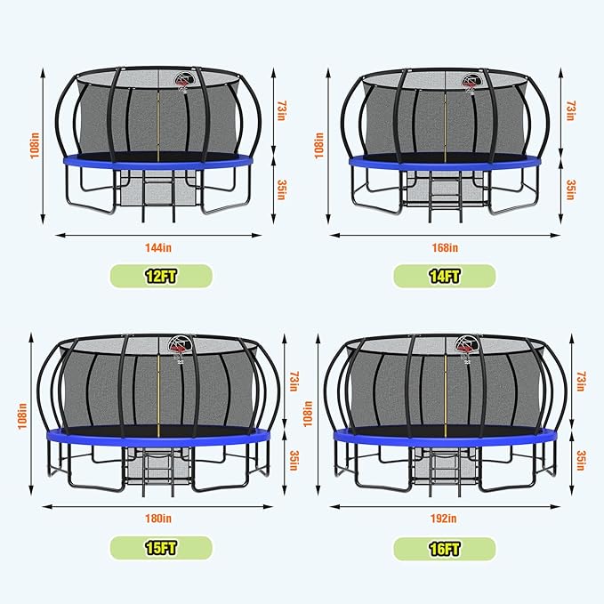 10 12 14 15 16FT Outdoor Trampolines for Kids and Adults, Pumpkin Trampoline with Curved Poles, Recreational Trampoline with Basketball Hoop and Safety Enclosure Net for Kids and Adults