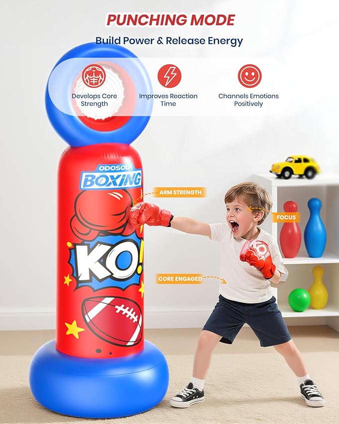 Inflatable Punching Bag for Kids, 2-in-1 Freestanding Boxing Bag with Football Toss Game, 68.8'' Heavy Duty Karate Taekwondo Toy for Boys Girls Ages 3-12, Birthday Ideas