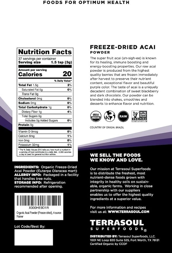 Terrasoul Superfoods Organic Acai Berry Powder, 16 Oz (Pack of 4), Freeze-Dried for Freshness, Omega Fats Boost for Smoothie Bowls, and Antioxidant-Packed Superfoods Recipes