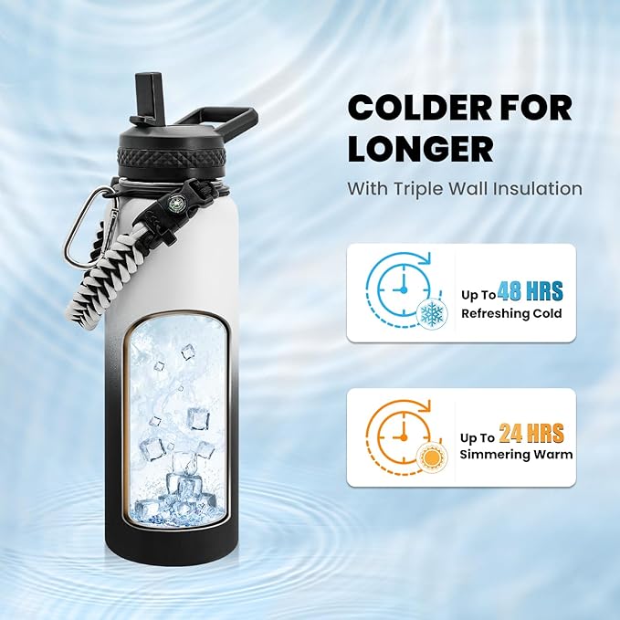 Insulated Water Bottle 40 oz, Triple Wall Vacuum Stainless Steel (Cold for 48 Hrs), Leak Proof & Non-BPA, Modern Water Flask Jug with Paracord Handle & Straw Spout Lids, Ombre: White/Black