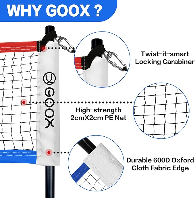 GOOX 4 Square Volleyball Net Game Set, 14 FT 4-Way Volleyball Net for Backyard Beach Lawn, Portable Four Square Volleyball Net for Adults & Youths with Vollyball, Pump, Carry Bag