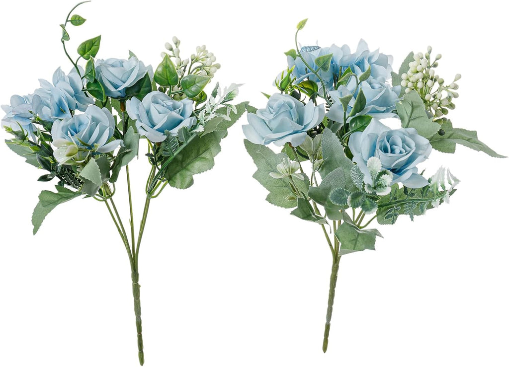 Artificial Flower 5 Branches Artificial Silk Fake Flowers Bouquet Small Roses for Wedding Home Office Tables Decor 2 Packs(Light Blue)