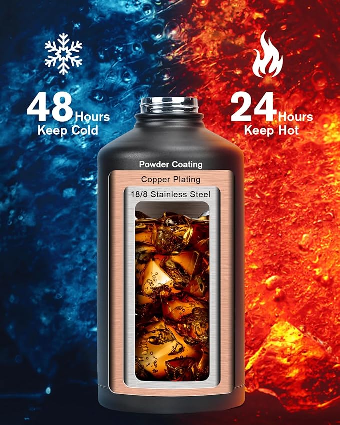 One Gallon Water Bottle,128oz Insulated Water Flask Stainless Steel Vacuum, Cold for 48 Hrs,BPA-Free & Leakproof -with Paracord Handle,Strap,Straw Spout Lids,Large Jug for Gym Sports,Black