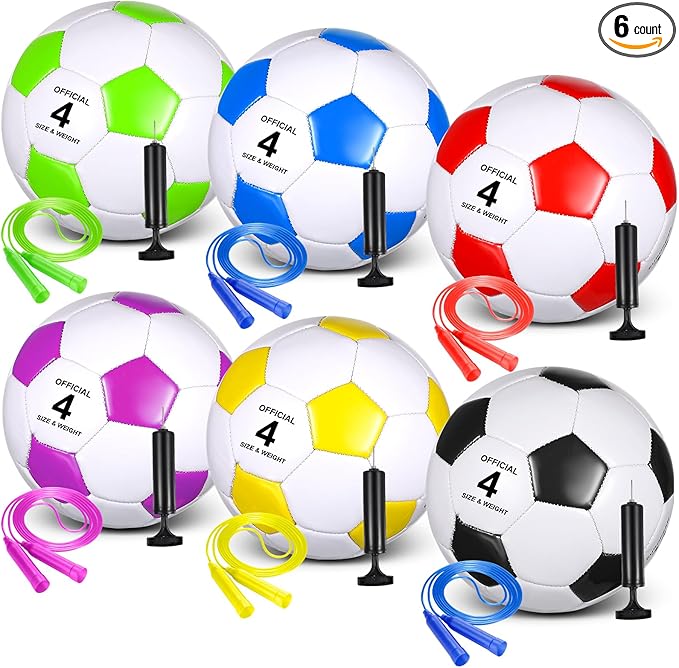 Hiboom 6 Sets Operation Christmas Deflated Soccer Ball with Pumps and Jump Ropes Official Size Soccer Ball Bulk for Outside Sports Training Party Supplies Christian Charity Donation Gift
