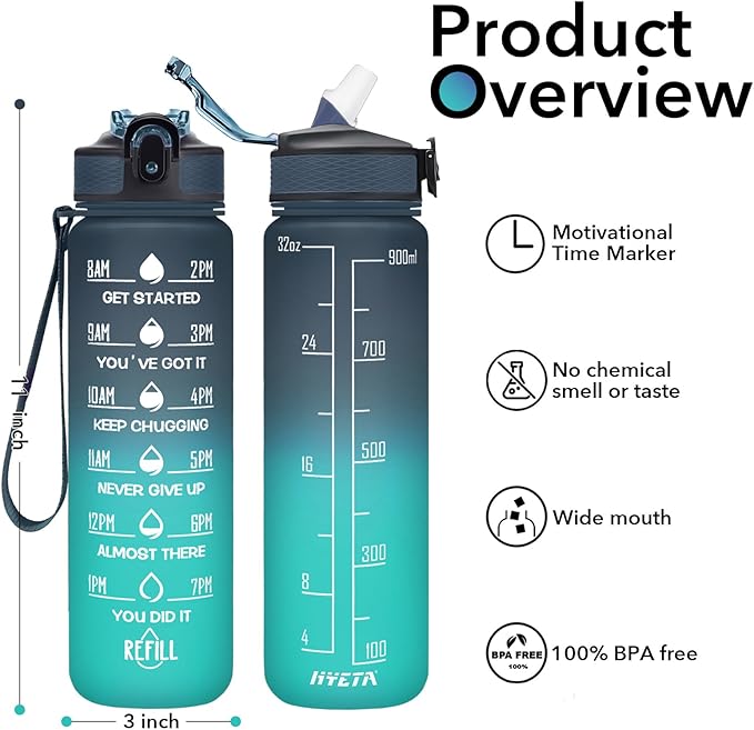 Hyeta 32 oz Water Bottles with Times to Drink and Straw, Motivational Water Bottle with Time Marker, Leakproof, Drinking Sports Water Bottle for Fitness, Gym and Outdoor